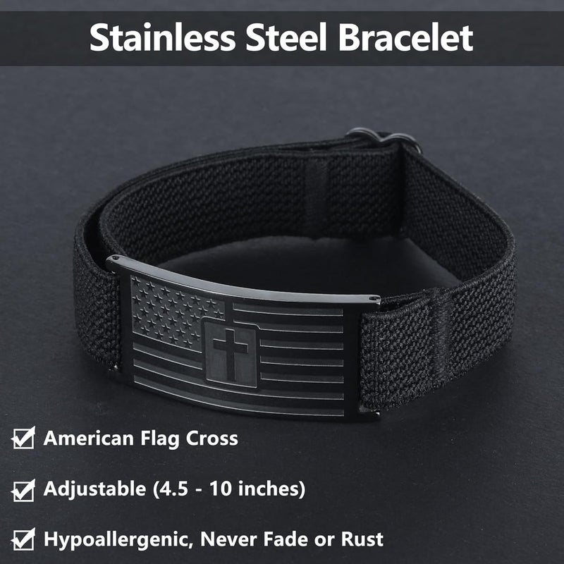 LDOWWGL Valentines Day Gifts - Mens Bracelet - American Flag Christian Cross Bracelet for Boys - Adjustable Black Elastic Stretch Strap with Bible Verse - Gift for Son Grandson - Image 4